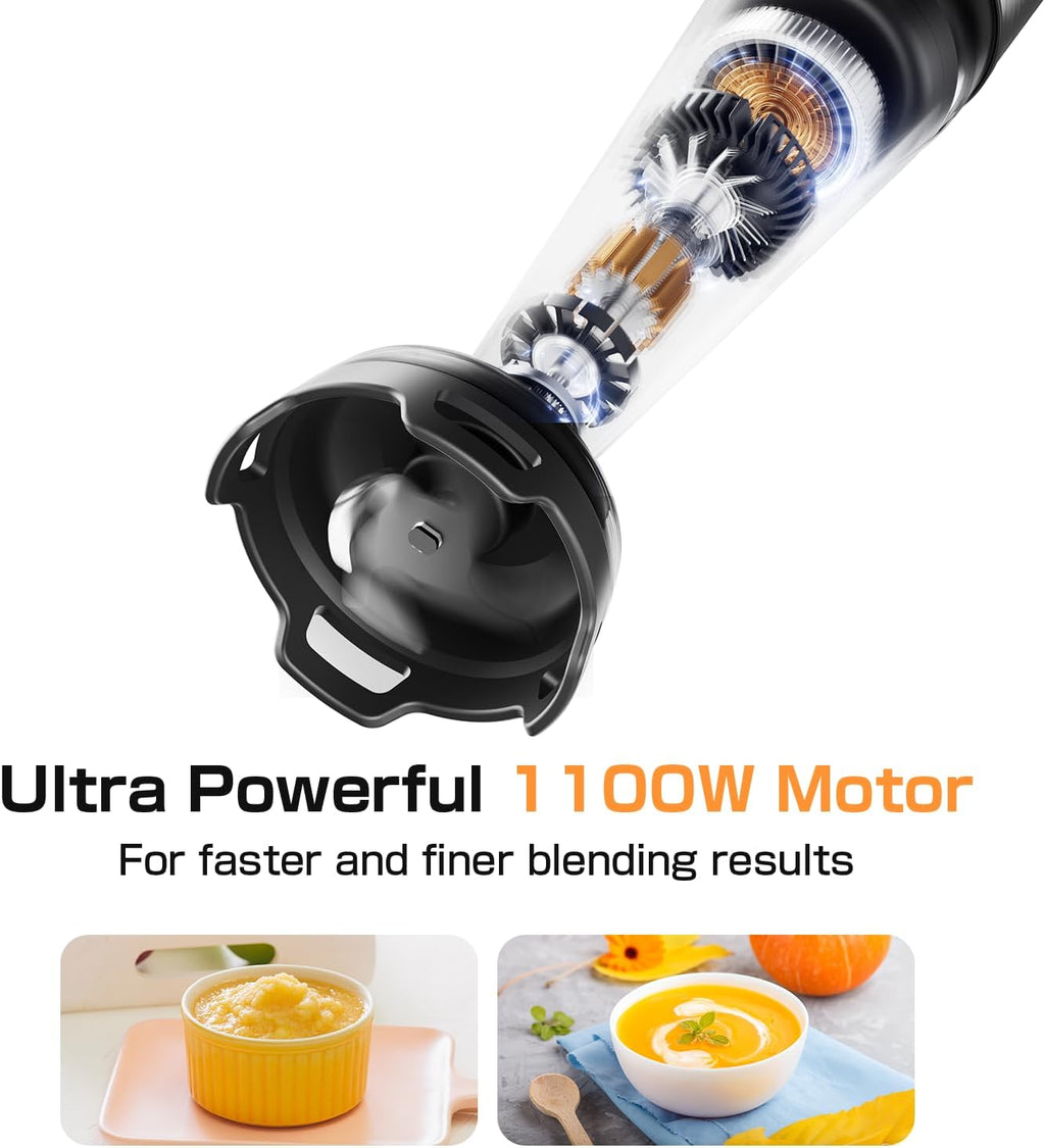Turelar Immersion Blender Handheld Corded Hand Blenders Set 1100W, Trigger Variable Speed 5 in 1 Stick Emulsifier with Chopper, Whisk and Frother for Soup, Baby Food and Smoothies,Black