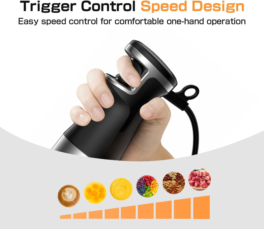 Turelar Immersion Blender Handheld Corded Hand Blenders Set 1100W, Trigger Variable Speed 5 in 1 Stick Emulsifier with Chopper, Whisk and Frother for Soup, Baby Food and Smoothies,Black