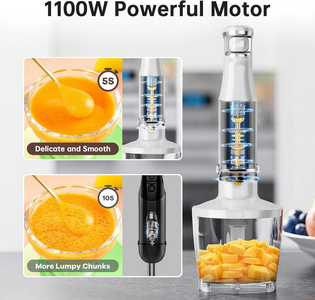 Turelar Immersion Blender Handheld Corded Hand Blenders Set 1100W, Trigger Variable Speed 5 in 1 Stick Emulsifier with Chopper, Whisk and Frother for Soup, Baby Food and Smoothies,Black