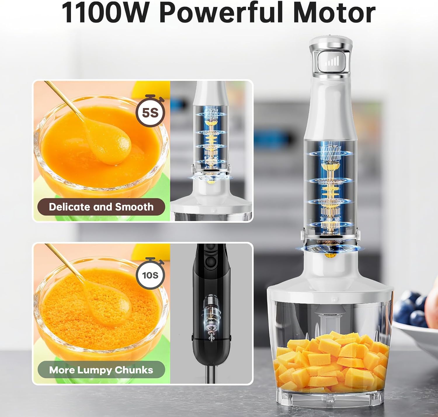 Turelar Immersion Blender Handheld Corded Hand Blenders Set 1100W, Trigger Variable Speed 5 in 1 Stick Emulsifier with Chopper, Whisk and Frother for Soup, Baby Food and Smoothies,Black