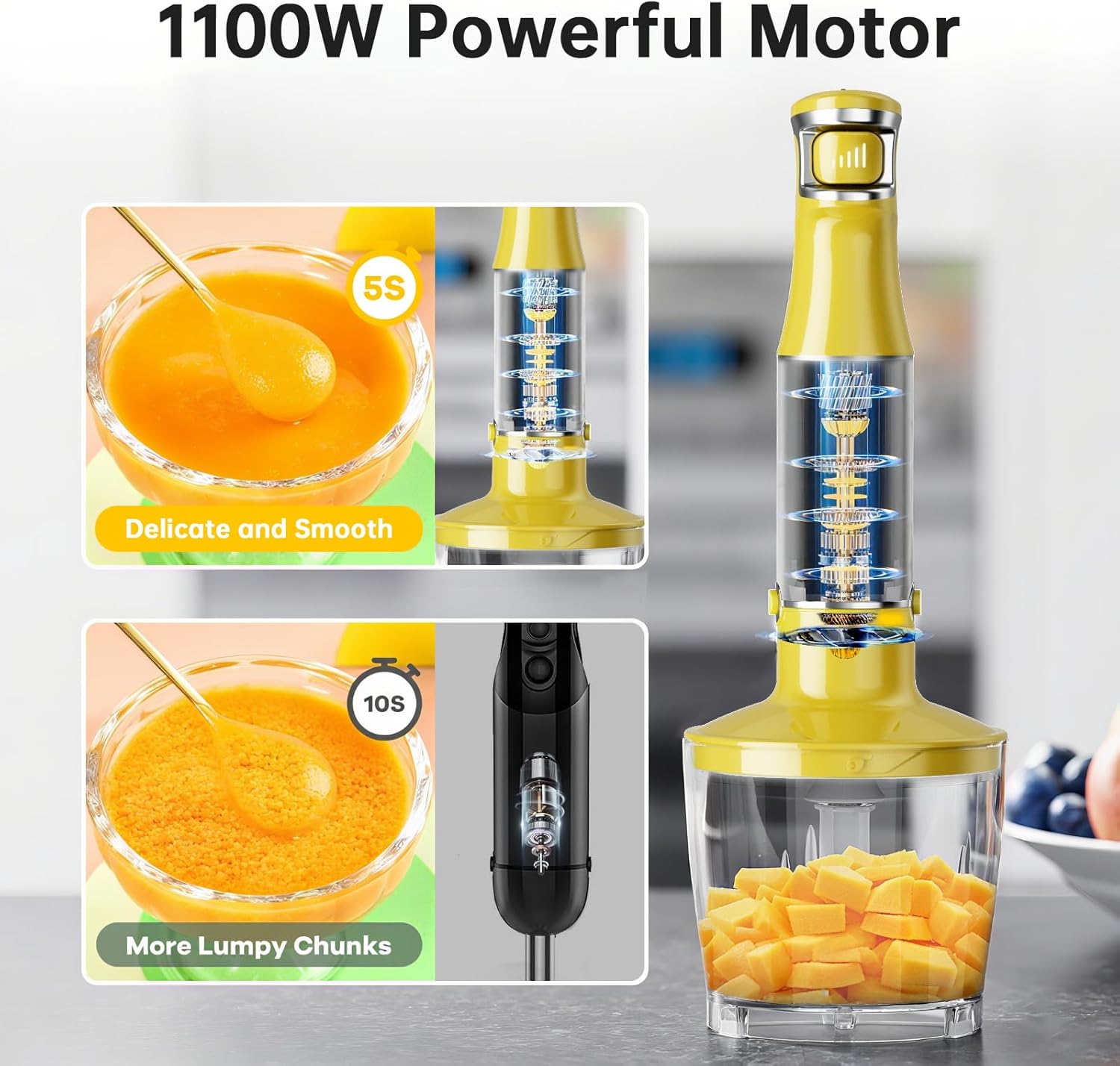 Turelar Immersion Blender Handheld Corded Hand Blenders Set 1100W, Trigger Variable Speed 5 in 1 Stick Emulsifier with Chopper, Whisk and Frother for Soup, Baby Food and Smoothies,Black