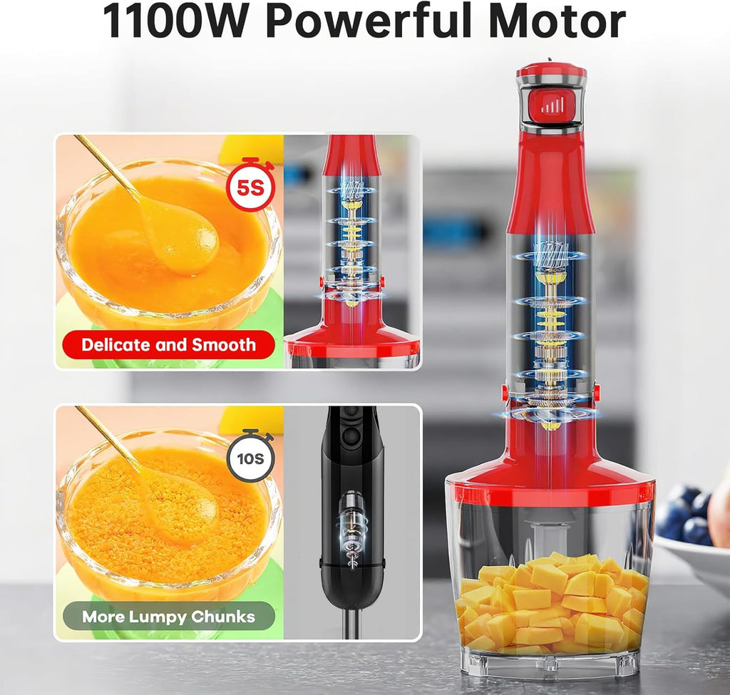 Turelar Immersion Blender Handheld Corded Hand Blenders Set 1100W, Trigger Variable Speed 5 in 1 Stick Emulsifier with Chopper, Whisk and Frother for Soup, Baby Food and Smoothies,Black