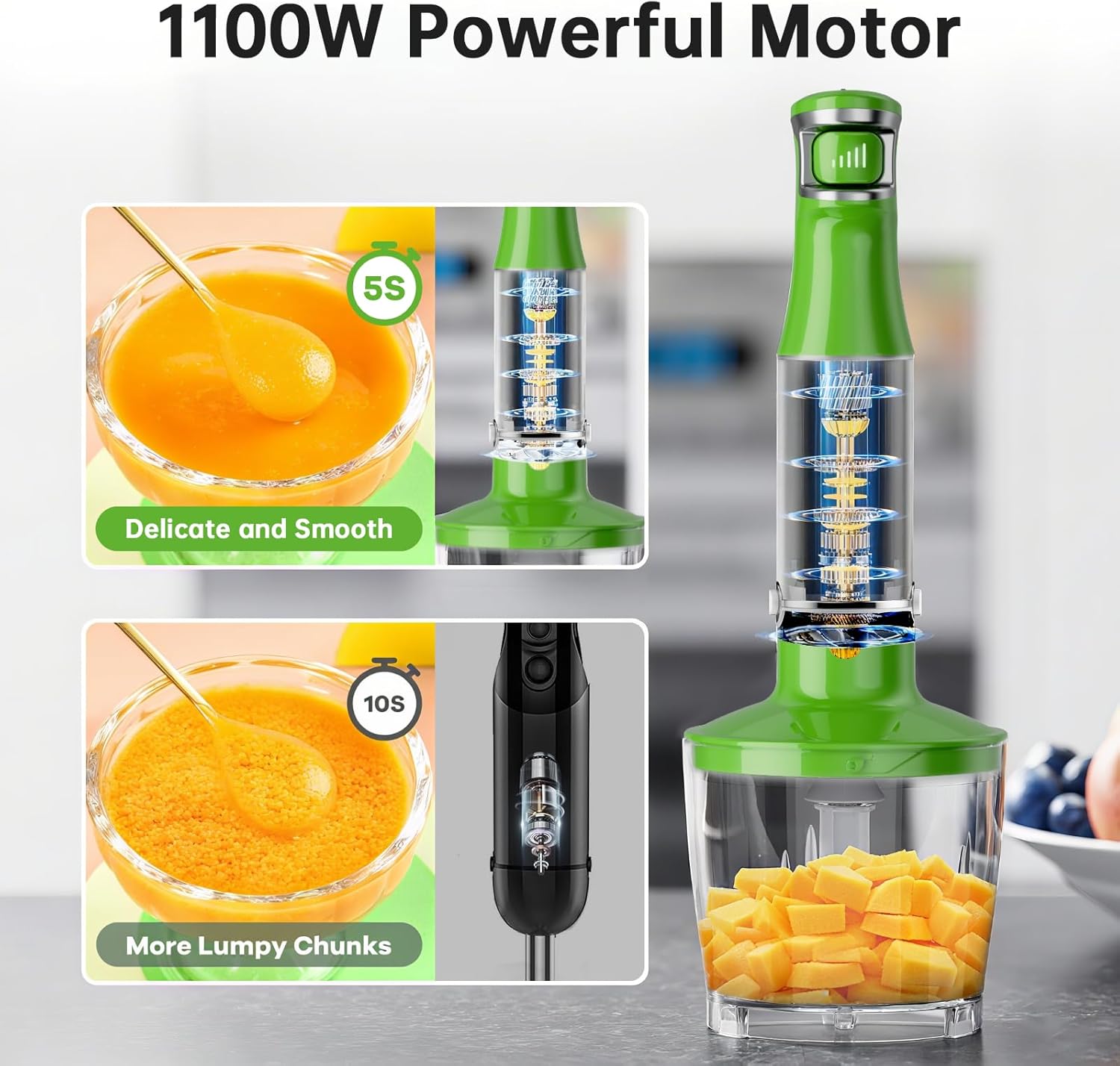 Turelar Immersion Blender Handheld Corded Hand Blenders Set 1100W, Trigger Variable Speed 5 in 1 Stick Emulsifier with Chopper, Whisk and Frother for Soup, Baby Food and Smoothies,Black