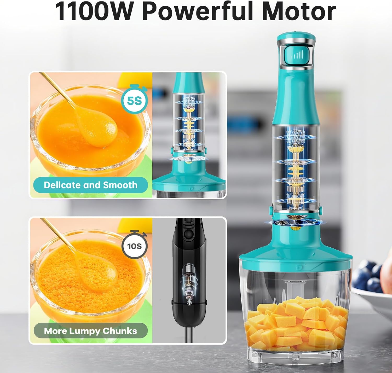 Turelar Immersion Blender Handheld Corded Hand Blenders Set 1100W, Trigger Variable Speed 5 in 1 Stick Emulsifier with Chopper, Whisk and Frother for Soup, Baby Food and Smoothies,Black