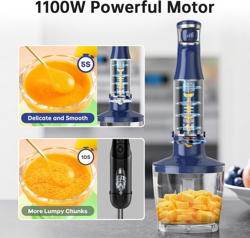 Turelar Immersion Blender Handheld Corded Hand Blenders Set 1100W, Trigger Variable Speed 5 in 1 Stick Emulsifier with Chopper, Whisk and Frother for Soup, Baby Food and Smoothies,Black