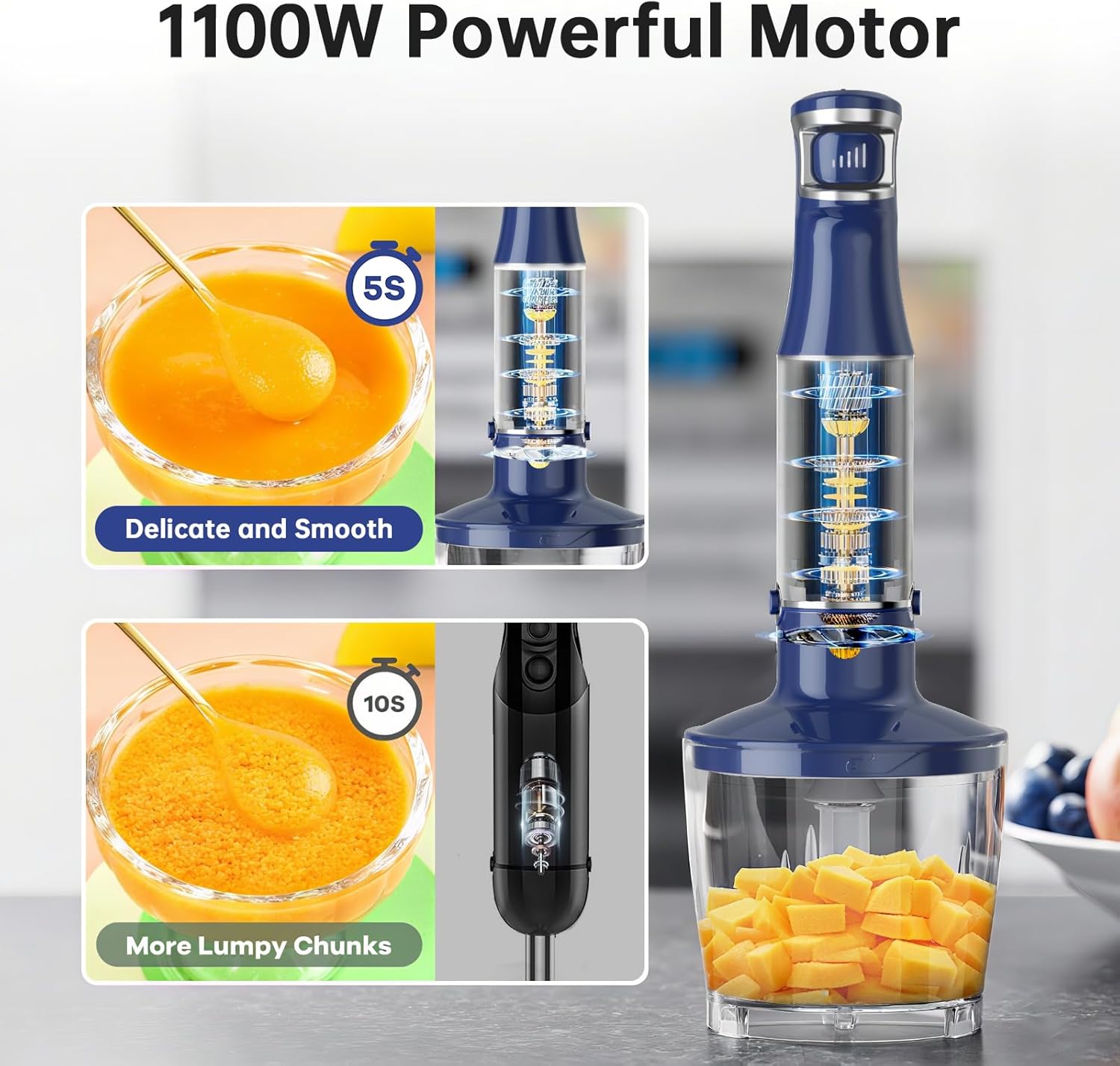 Turelar Immersion Blender Handheld Corded Hand Blenders Set 1100W, Trigger Variable Speed 5 in 1 Stick Emulsifier with Chopper, Whisk and Frother for Soup, Baby Food and Smoothies,Black