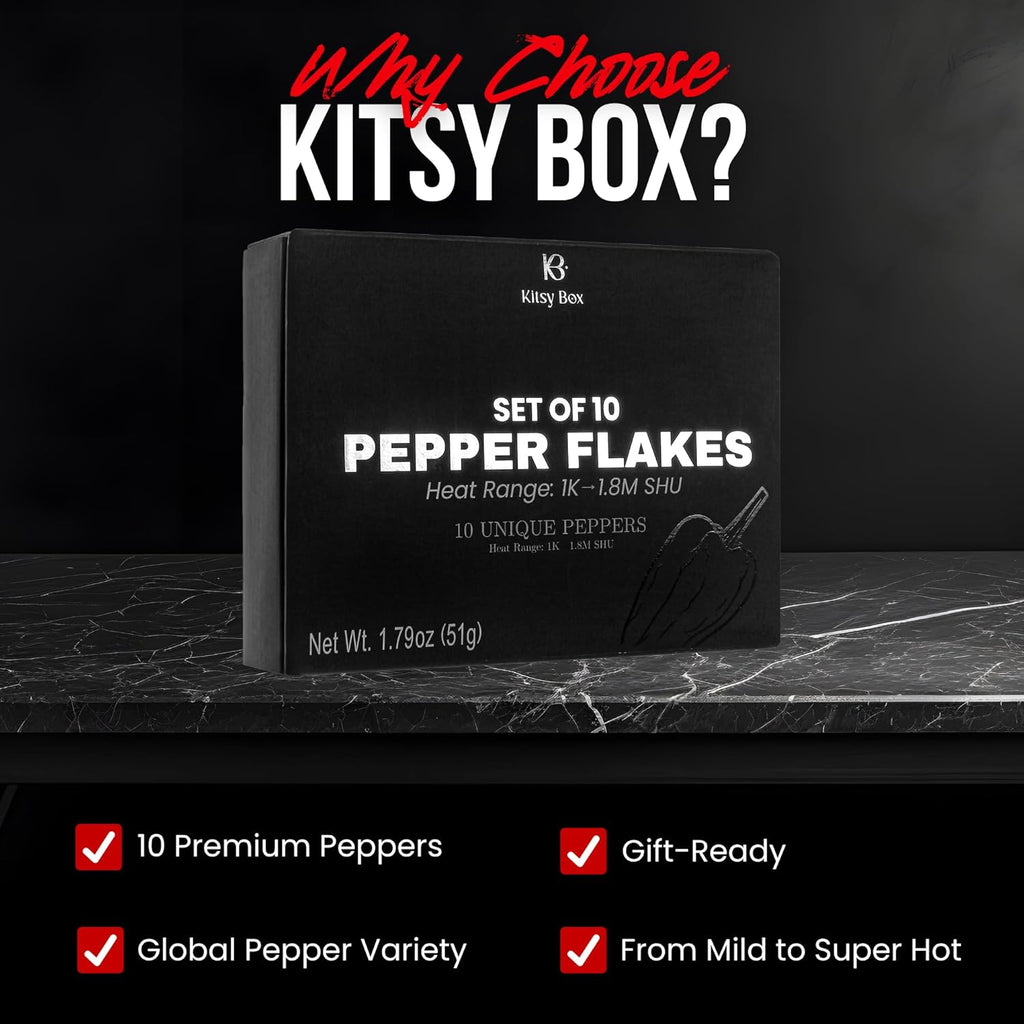 Premium Crushed Red Pepper Flakes Variety Pack - 10 Dried Chili Peppers from Mild to World's Hottest | Ghost Pepper, Carolina Reaper, Habanero, Cayenne, Chipotle (and more) Flakes Set