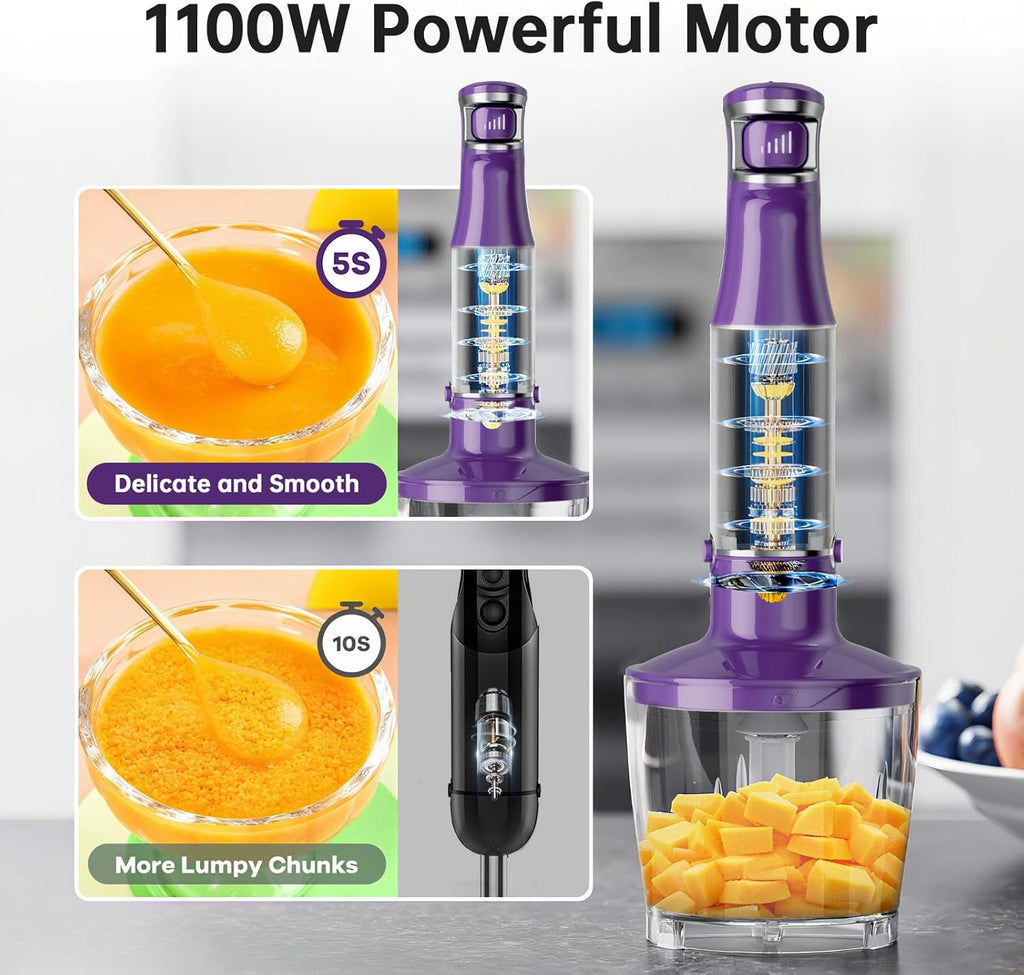 Turelar Immersion Blender Handheld Corded Hand Blenders Set 1100W, Trigger Variable Speed 5 in 1 Stick Emulsifier with Chopper, Whisk and Frother for Soup, Baby Food and Smoothies,Black