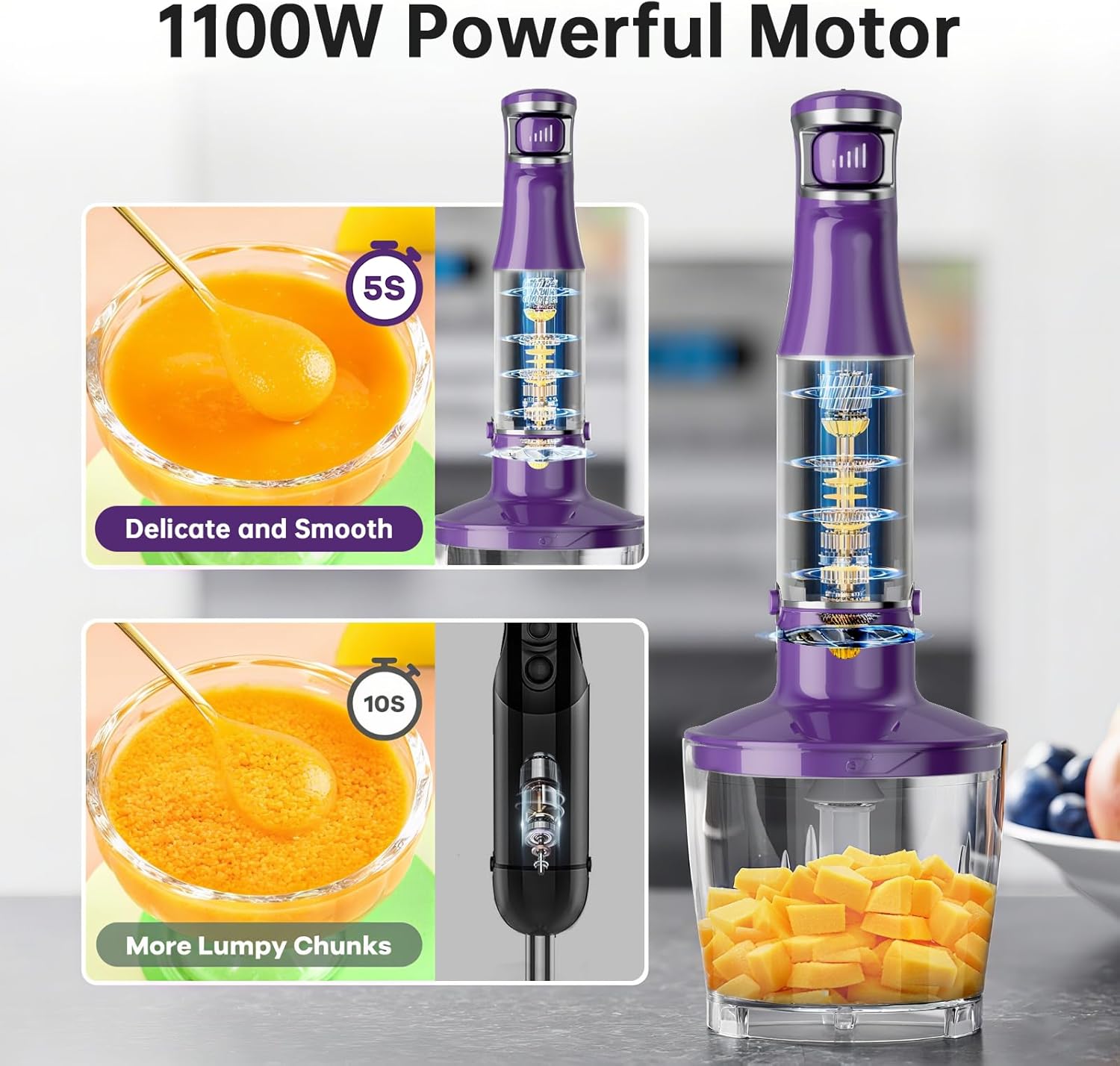 Turelar Immersion Blender Handheld Corded Hand Blenders Set 1100W, Trigger Variable Speed 5 in 1 Stick Emulsifier with Chopper, Whisk and Frother for Soup, Baby Food and Smoothies,Black