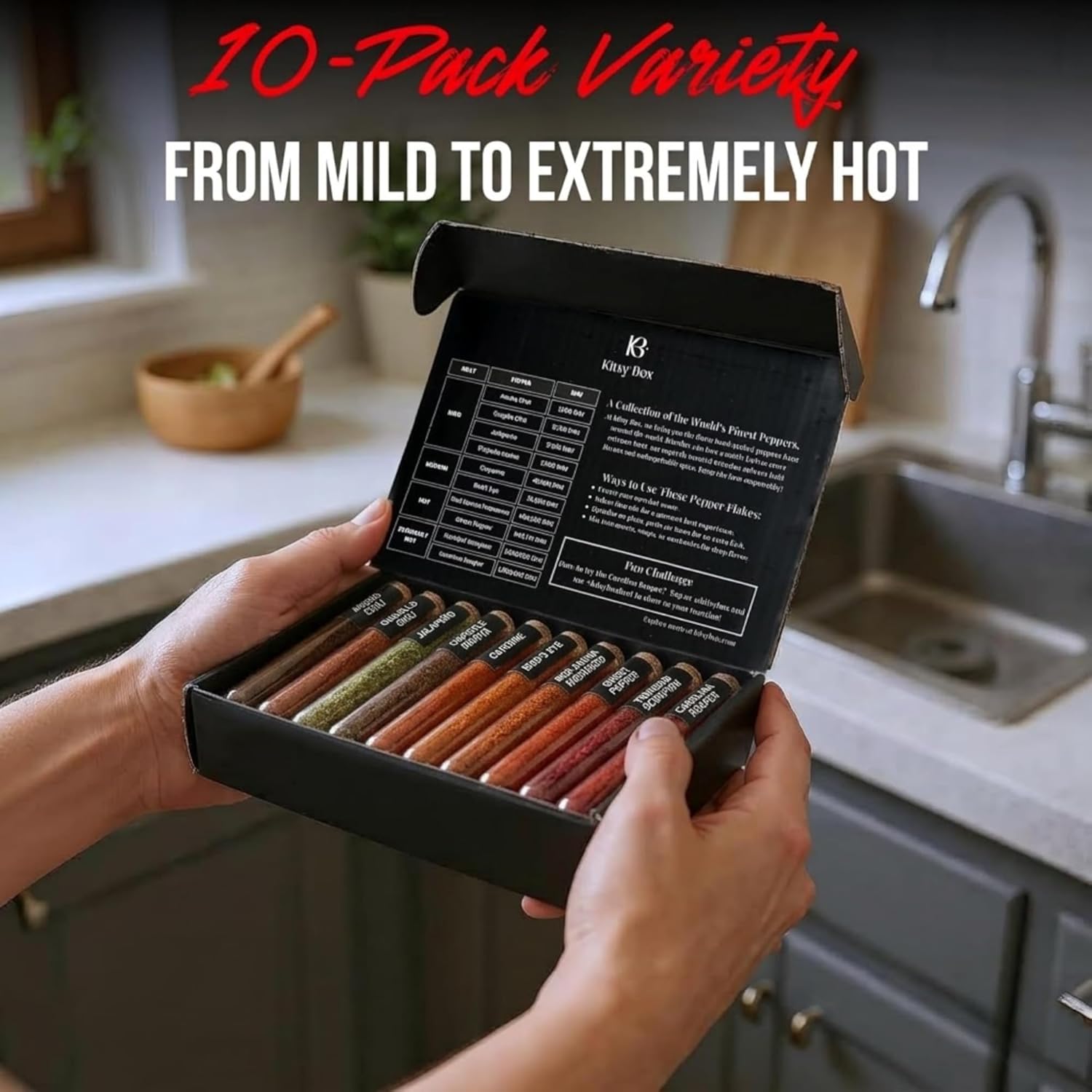 KITSY BOX Premium Pepper Powder Variety Pack - 10 Gourmet Chili Powders from Mild to World's Hottest | Ghost Pepper, Carolina Reaper, Habanero, Cayenne, Chipotle | Spice Set for Cooking & BBQ