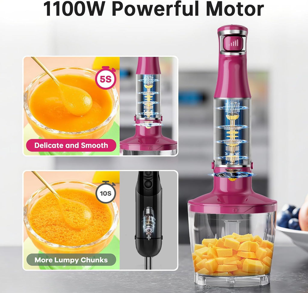 Turelar Immersion Blender Handheld Corded Hand Blenders Set 1100W, Trigger Variable Speed 5 in 1 Stick Emulsifier with Chopper, Whisk and Frother for Soup, Baby Food and Smoothies,Black