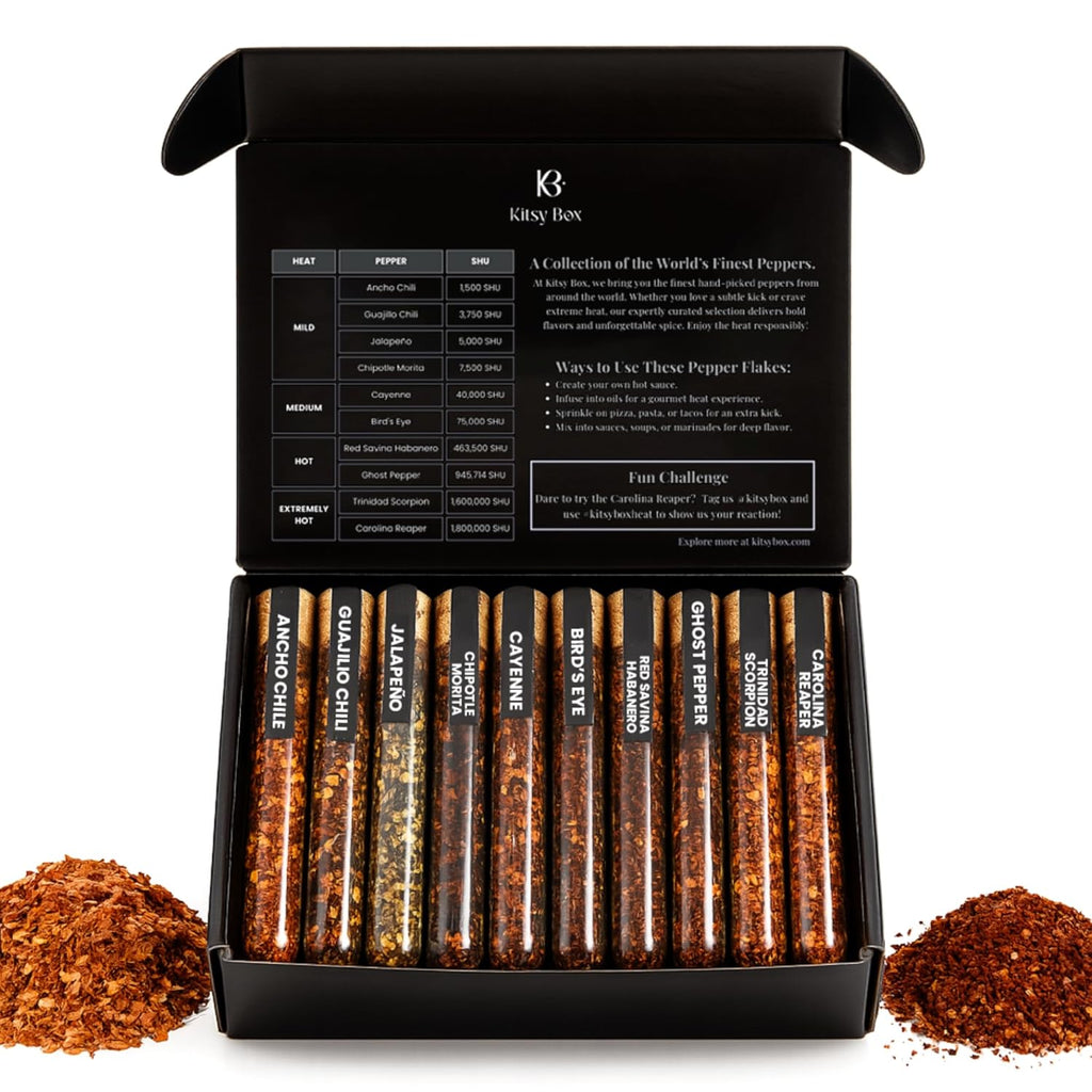 Premium Crushed Red Pepper Flakes Variety Pack - 10 Dried Chili Peppers from Mild to World's Hottest | Ghost Pepper, Carolina Reaper, Habanero, Cayenne, Chipotle (and more) Flakes Set