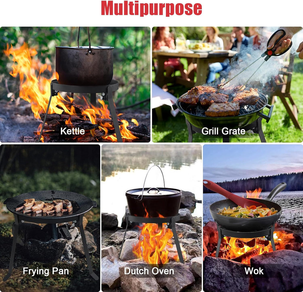 Cooking Tripod for Campfire, 9.8Inch Durable Steel Campfire Tripod for Cooking for Dutch Oven Outdoor Cooking, Foldable Fire Pit Stand with Black Heat Resistant Coating