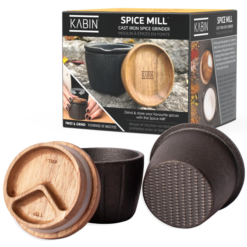 KABIN Spice Mill - Spice Grinder Manual Pepper Mill - Durable Cast Iron Mortar and Pestle Set Herb Crusher - Hand Grind Measure & Store Your Spices and Herbs- Molcajete Bowl